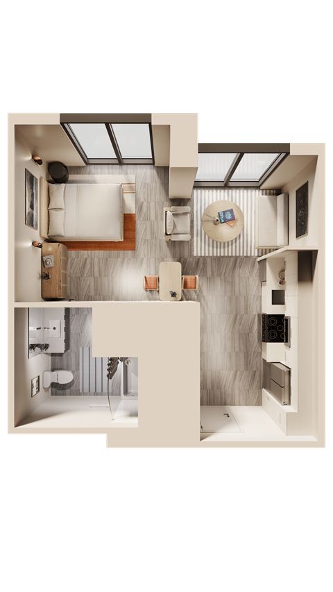 Floor plan for studio, 1 bath, 492 sqft